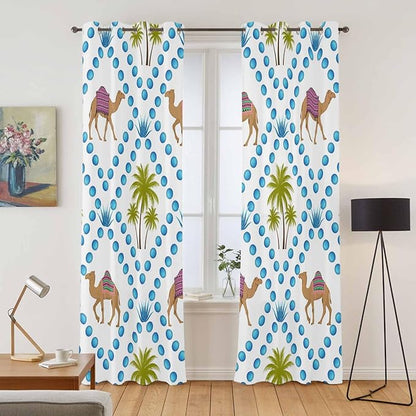 2 Panel Kitchen Cafe Curtains, Camels Palm Trees Sunlight Filtering Nature Air Through, Home Decor Window Covering Tier Curtains for Living Room 80W x 84L inch Tropical Desert Animal Plants Polka Dot