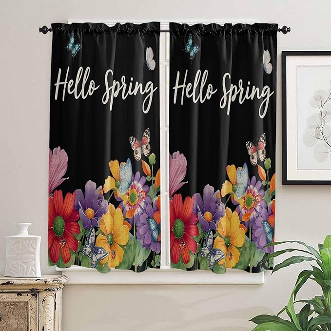 Spring Flowers Bedroom Curtains 63 Inches length, Watercolor Country Colorful Floral Black Window Treatment Curtain Drapes, Rod Pocket Curtain Panels for Living Room Kitchen, 42"x63", 2 Panels