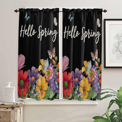 Spring Flowers Bedroom Curtains 63 Inches length, Watercolor Country Colorful Floral Black Window Treatment Curtain Drapes, Rod Pocket Curtain Panels for Living Room Kitchen, 42"x63", 2 Panels