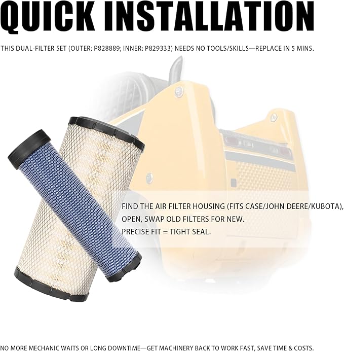 P828889 P829333 Air Filters Set Compatible with John Deere AT171853 AT171854 Kubota SVL90 SVL90-2 Wix 46562 46569 Case 222421A1 222422A1 Caterpillar 110-6326 110-6331 Fleetguard AF25557 AF25558