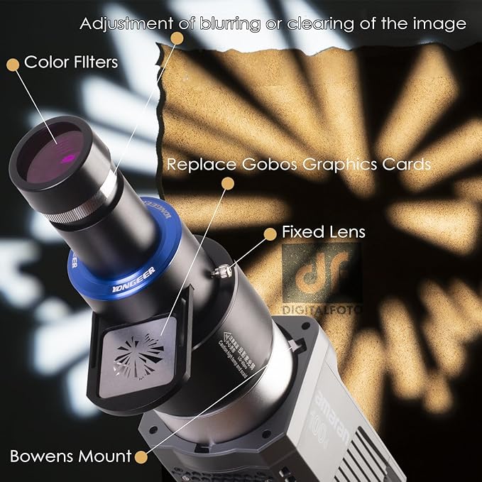 Bowens Mount Projector Attachment,Spotlight Optical Snoot Photography kit for COB Monolight Portraits/Product,Compatible with Aputure Amaran100X/D 200D/X,Godox SL60/SmallRig,4 Color Filters,25 Gobos