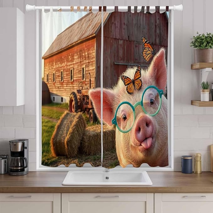 Farm Pig Living Room Curtains 96 Inch Length, Window Curtains Tab Top, Farmhouse Barn Funny Animals Butterfly Light Filtering Window Treatments Drapes 52"x96" 2 Panel