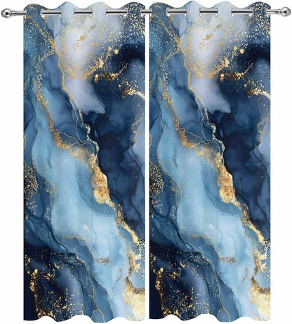Marble Texture Outdoor Curtains for Patio Abstract Gradient Blue Golden Gorgeous Waterproof Outside Curtains with Grommet Top Weatherproof Curtain for Cabana Pergola Gazebo, 2 Pack, 54" W x 84" L