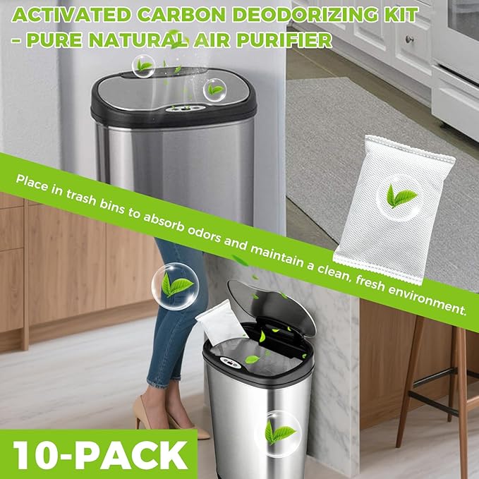 10-Pack (1.2 Pounds) Activated Charcoal Odor Absorber Filter Refills Compatible with iTouchless Trash Cans, Charcoal Odor Absorbing Bags, Each 4-Pack Fits 8-Gallon or Larger Trash Can