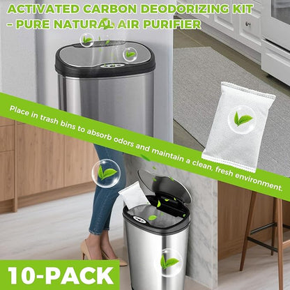 10-Pack (1.2 Pounds) Activated Charcoal Odor Absorber Filter Refills Compatible with iTouchless Trash Cans, Charcoal Odor Absorbing Bags, Each 4-Pack Fits 8-Gallon or Larger Trash Can