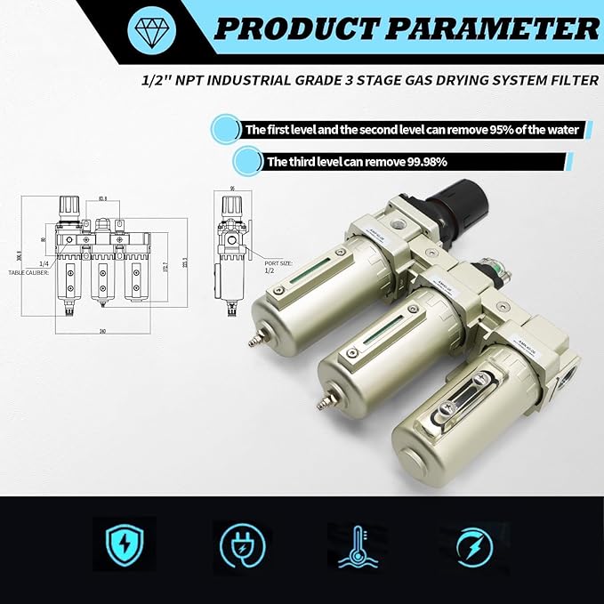 1/2" NPT Industrial Grade 3 Stage Drying System Filter, Coalescing Filter, Desiccant Dryer, Auto Drain, Compatible with Paint Spray, Plasma Cutter (1/2" NPT)