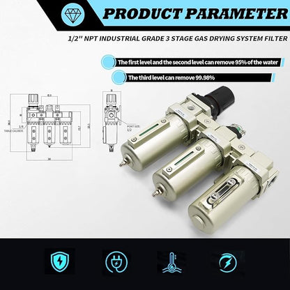 1/2" NPT Industrial Grade 3 Stage Drying System Filter, Coalescing Filter, Desiccant Dryer, Auto Drain, Compatible with Paint Spray, Plasma Cutter (1/2" NPT)