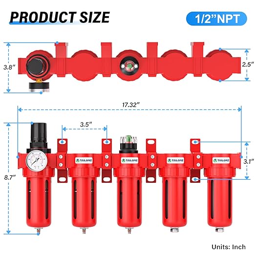 TAILONZ PNEUMATIC 0-150PSI 1/2 Inch NPT Red Industrial Grade 5 Stage Air Drying System, Particulate Filter, Coalescing Filter, Double Desiccant Dryer and Air Regulator (Manual Drainage)