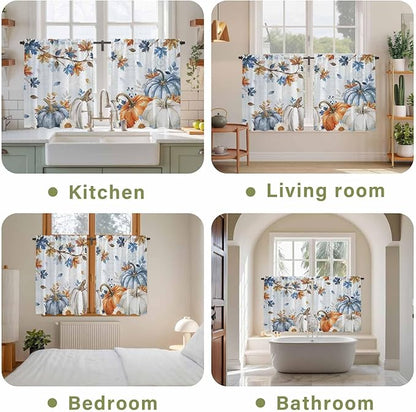 Fall Blue Maple Kitchen Curtains 54 Inch Long 2 Panel Set,Rod Pocket Window Curtains Panels,Thanksgiving Pumpkins Daisy Country Leaves Light Filtering Privacy Draperies for Bedroom Laundry 42"W x 54"L