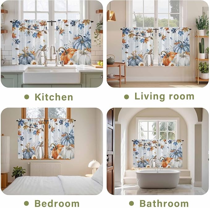 Fall Blue Maple Kitchen Curtains 45 Inch Long 2 Panel Set, Rod Pocket Window Treatment, Thanksgiving Pumpkins Daisy Country Leaves Light Filtering Panels Short Drapes for Bathroom Camper 42"W x 45"L