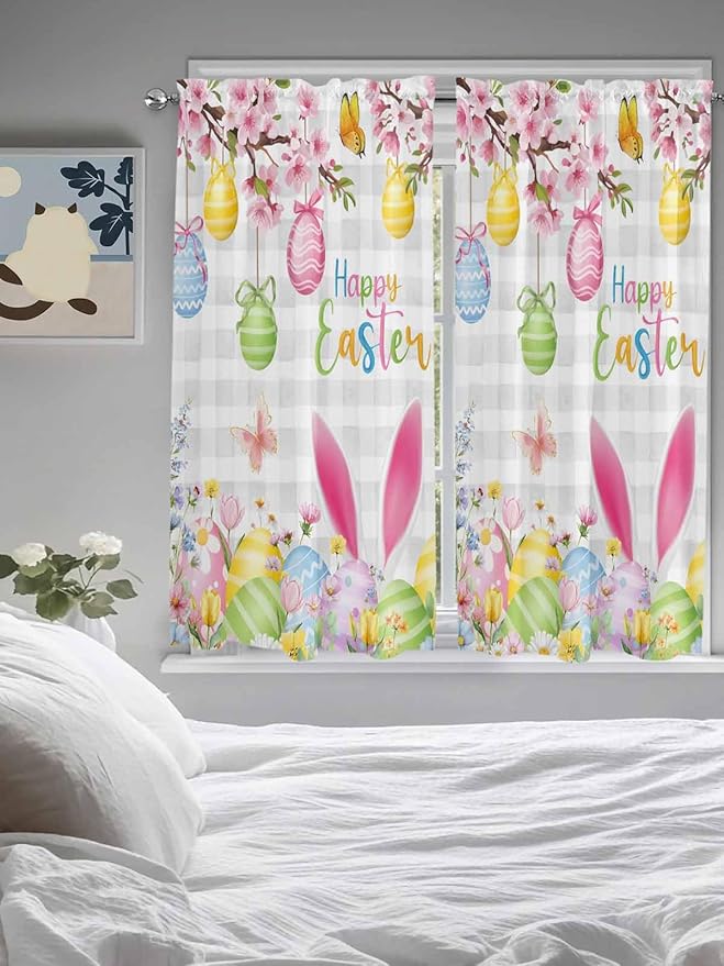 Happy Easter Bedroom Curtains 63 Inches length, Spring Watercolor Bunny Eggs Flower Grey Plaid Window Treatment Curtain Drapes, Rod Pocket Curtain Panels for Living Room Kitchen, 42"x63", 2 Panels