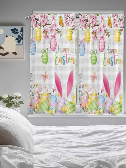Happy Easter Bedroom Curtains 63 Inches length, Spring Watercolor Bunny Eggs Flower Grey Plaid Window Treatment Curtain Drapes, Rod Pocket Curtain Panels for Living Room Kitchen, 42"x63", 2 Panels