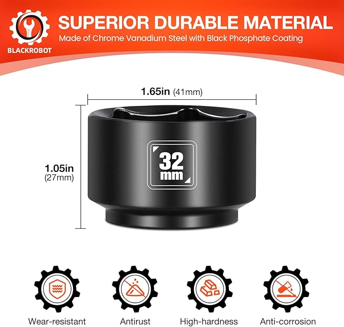 BLACKROBOT 32mm Low Profile Oil Filter Socket, 3/8" Drive 6-Point Oil Filter Cap Remover and Installer Tool, Chrome Vanadium Steel