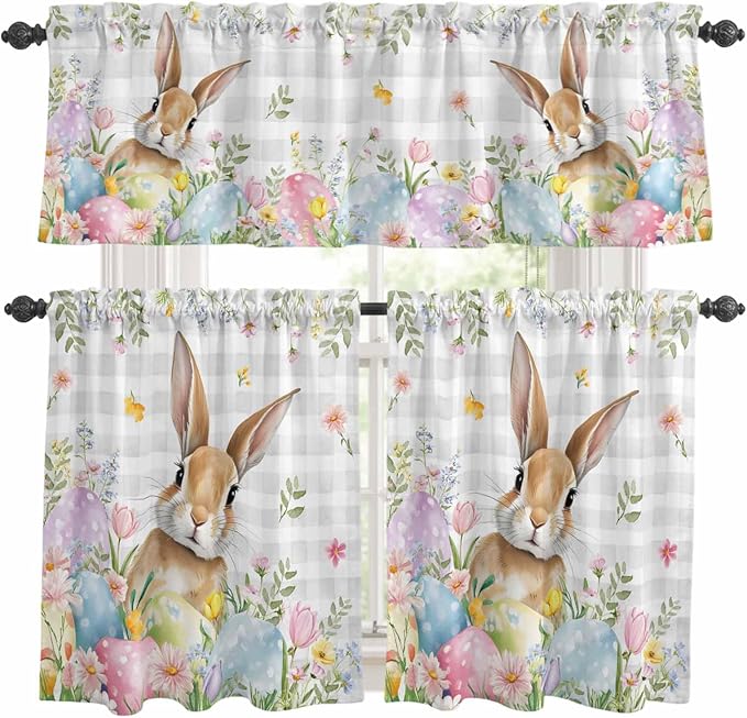 Kitchen Curtains Tiers and Valance Set of 3, Easter Light Filtering Window Curtain Set, Spring Rabbit Eggs Blooms Flowers Leaf Grey Plaid Rod Pocket Curtain Drapes for Living Room, 24 Inches Tiers