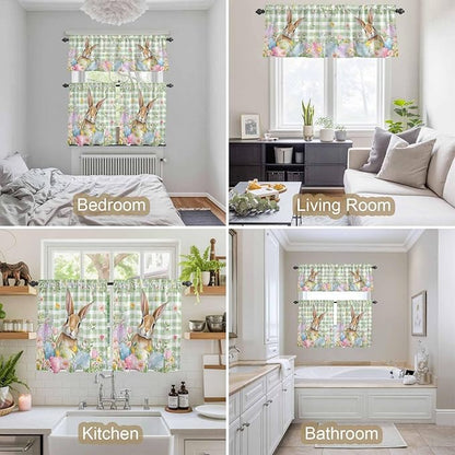 Kitchen Curtains Tiers and Valance Set of 3, Easter Light Filtering Window Curtain Set, Spring Bunny Colorful Eggs Floral Leaves Grey Plaid Rod Pocket Curtain Drapes for Living Room, 24 Inches Tiers