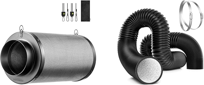 VIVOSUN 4'' Air Carbon Filter Smelliness Control and 4'' 8 Feet Black Non-Insulated Flex Air Aluminum Ducting Dryer Vent Hose for HVAC Ventilation w/Two 4 Inch Stainless Steel Clamps