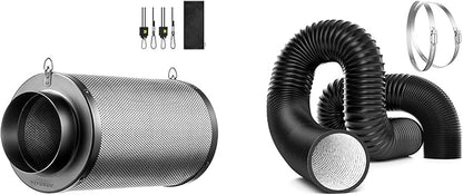 VIVOSUN 4'' Air Carbon Filter Smelliness Control and 4'' 8 Feet Black Non-Insulated Flex Air Aluminum Ducting Dryer Vent Hose for HVAC Ventilation w/Two 4 Inch Stainless Steel Clamps