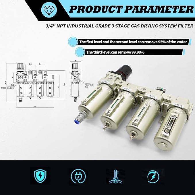 3/4" NPT Industrial Grade 4 Stage Gas Drying System, Coalescing Filter, Desiccant Dryer, Auto Drain, Compatible with Paint Spray, Plasma Cutter (Auto Version)