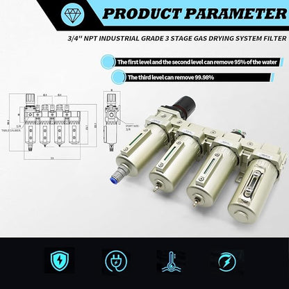 3/4" NPT Industrial Grade 4 Stage Gas Drying System, Coalescing Filter, Desiccant Dryer, Auto Drain, Compatible with Paint Spray, Plasma Cutter (Auto Version)