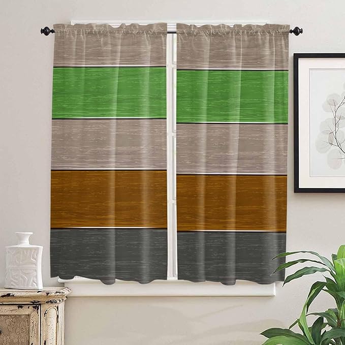 Farm Gray Green Brown Wood Grain Window Valance Curtains, Rustic Wooden Plank Light Filtering Kitchen Valance with 3-inch Rod Pocket for Living Room Bathroom Bedroom,2 Panel,42x63In