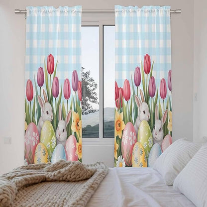 Easter Window Curtains 72 Inch Long 2 Panel Set,Rod Pocket Long Curtains & Drapes,Spring Bunny Colorful Eggs Tulip Flowers Blue Check Light Filtering Window Treatment for Bedroom 52"W x 72"L