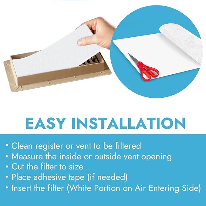 Cut to Size Floor Vent Air Filters for home - MERV 8 Electrostatic Cut to Fit Air Filter Roll & Adhesive Hook Tape (50+ Filters) (12" x 90" Triple Filtration)