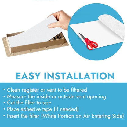 Cut to Size Floor Vent Air Filters for home - MERV 8 Electrostatic Cut to Fit Air Filter Roll & Adhesive Hook Tape (50+ Filters) (12" x 90" Triple Filtration)