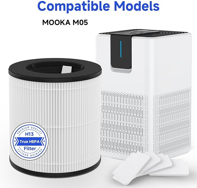 M05 Replacement Filter Compatible with MOOKA M05 Air Purifier, H13 True HEPA Filter, 3-Stage Filtration System, 2 Pack (with Extra 8-Pieces Aroma Pad)