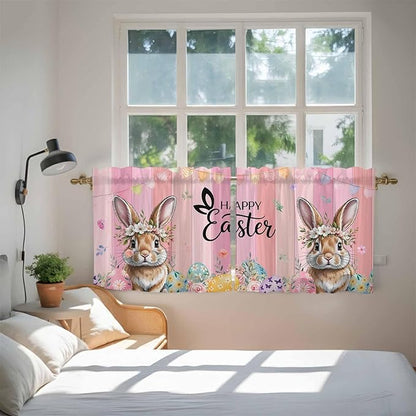 Easter Tier Curtains, Spring Rabbit Eggs Flowers Flags Leaves Wood Grain Light Filtering Kitchen Curtains, 2Pcs Rod Pocket Half Window Treatments Panels for Sink Cafe Cabinet Camper 27.5x24 Inches