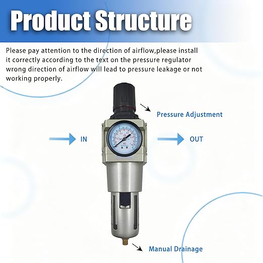 HengMinLingTong 1" NPT Compressed Air Filter Regulator Combo Piggyback, 5 Micron Brass Element, Poly Bowl, Semi-Auto Drain, Metal Bracket, 0-150 psi AW5000-10