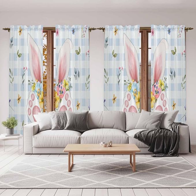 Easter Window Curtains 72 Inch Long 2 Panel Set, Rod Pocket Long Curtains & Drapes, Spring Rabbits Ears Feet Floral Blue Lattice Light Filtering Window Treatment for Bedroom Living Room 52"W x 72"L