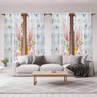 Easter Window Curtains 72 Inch Long 2 Panel Set, Rod Pocket Long Curtains & Drapes, Spring Rabbits Ears Feet Floral Blue Lattice Light Filtering Window Treatment for Bedroom Living Room 52"W x 72"L