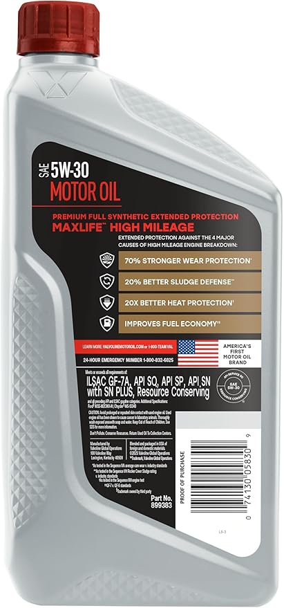 Valvoline Extended Protection High Mileage with Ultra MaxLife Technology 5W-30 Full Synthetic Motor Oil 1 QT, Case of 6