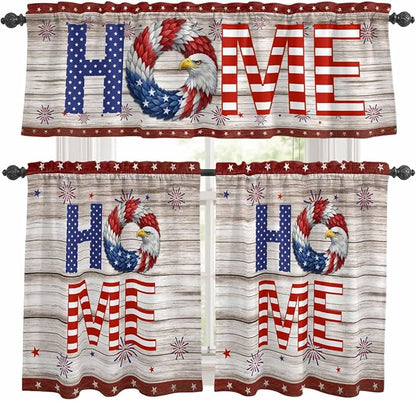 4th of July Kitchen Curtains Set 3 Piece for Windows,Rod Pocket Valance and Tier Set 36 Inch Length,Stars Striped Farmhouse American Flag Wood Grain Light Filtering Cafe Curtains for Living Room