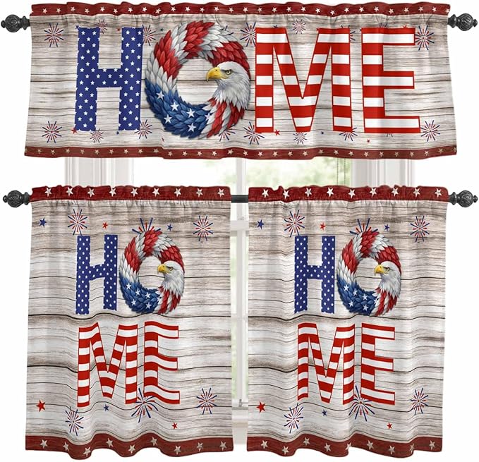 4th of July Kitchen Curtains Set 3 Piece for Windows,Rod Pocket Valance and Tier Set 24 Inch Length,Stars Striped Farmhouse American Flag Wood Grain Light Filtering Cafe Curtains for Living Room