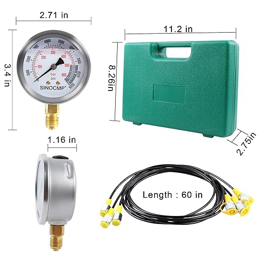 SINOCMP Hydraulic Pressure Test Kit, 3 Pressure Gauges 25Mpa/40Mpa/60Mpa 6 Test Couplings 3 Test Hoses 1 Storage Case Diagnosis Tester Gauge Set for Excavator Construction Machinery Upgraded Version