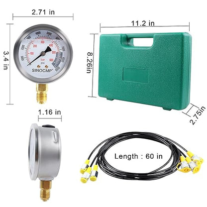 SINOCMP Hydraulic Pressure Test Kit, 3 Pressure Gauges 25Mpa/40Mpa/60Mpa 6 Test Couplings 3 Test Hoses 1 Storage Case Diagnosis Tester Gauge Set for Excavator Construction Machinery Upgraded Version