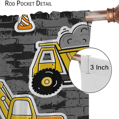 Kids Construction Excavator Window Curtains, Yellow Excavator Transporter Truck Cartoon Vehicles Rod Pocket Decorative Window Curtain for Children Teens Room 72x63in (30% Blackout)