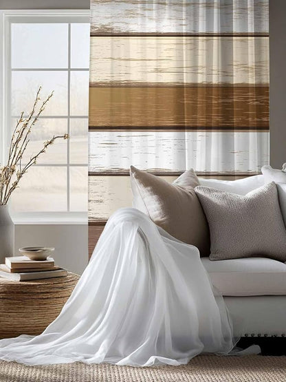 Sheer Curtains 63 Inch Length, Vintage Geometric Brown Semi Sheer Curtains Light Filtering Window Treatment, Farmhouse Country Chic Wood Grain Privacy Voile Drapes for Living Room Bedroom 52x63 Inch