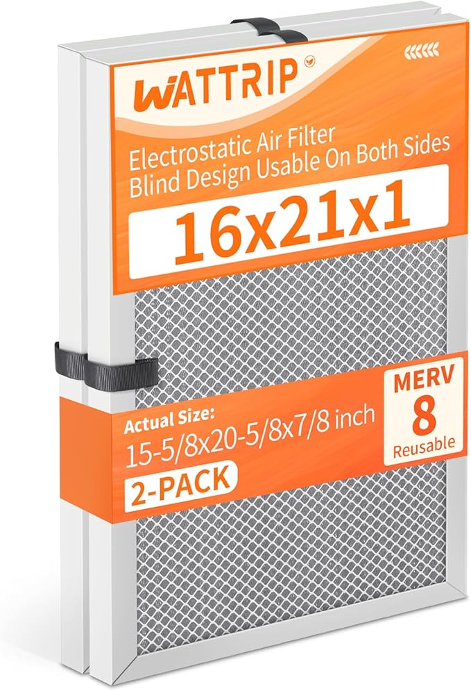 2-Pack 16x21x1 MERV 8 Reusable & Washable Electrostatic Air Filters - Long-Lasting Filter for HVAC, Furnace & Air Conditioner Units, Actual Size: 15-5/8” x 20-5/8” x 7/8”