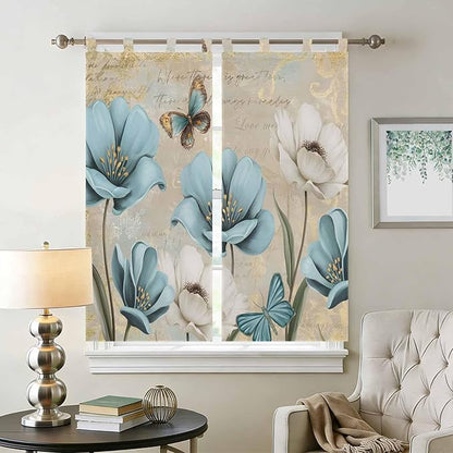 Spring Flowers Living Room Curtains 84 Inch Length, Window Curtains Tab Top, Vintage Rustic Tulips Floral Butterfly Khaki Light Filtering Window Treatments Drapes 42"x84" 2 Panel