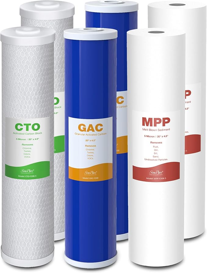 SimPure Whole House Water Filter Cartridges 5 Micron 20" x 4.5" PP+GAC+CTO 3-Stage Sediment and Carbon Filter Set, for DB20P-3, DGD-5005-20, GAC-20BB, FC25B, 2 Sets