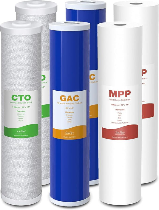 SimPure Whole House Water Filter Cartridges 5 Micron 20" x 4.5" PP+GAC+CTO 3-Stage Sediment and Carbon Filter Set, for DB20P-3, DGD-5005-20, GAC-20BB, FC25B, 2 Sets