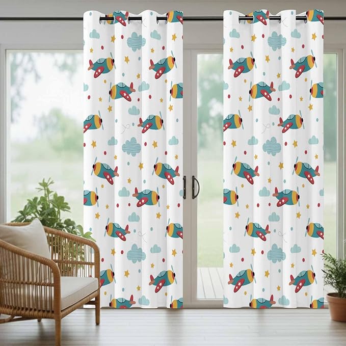 Turquoise Airplane Waterproof Outdoor Curtains for Patio, Windproof Weatherproof Curtains with Weighted Hem, Modern Art Cartoon Aircraft Clouds Light Filtering Privacy Drapes for Porch 54"x 84"
