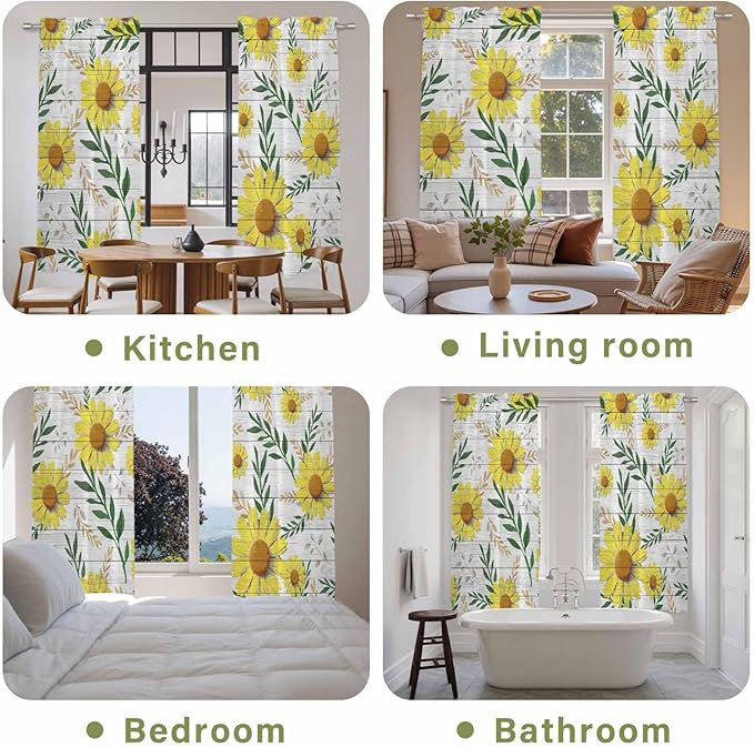 Yellow Daisy Kitchen Curtains, Farmhouse Country Flower Leaf Plant Wood Grain Light Filtering Window Curtain Panels, 2Pcs Rod Pocket Window Treatments Set for Living Room Bathroom Bedroom 52x72 Inches