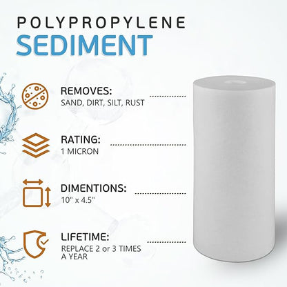 Ronaqua 10" x 4.5" Big Sediment Replacement Water Filter Cartridge, 1 Micron, NSF Certified, for Whole House, Compatible with RFC-BBSA, W15-PR, WFHD13001B, GXWH35F, HF45-10BLBK10PR and AP817, 6 Pack