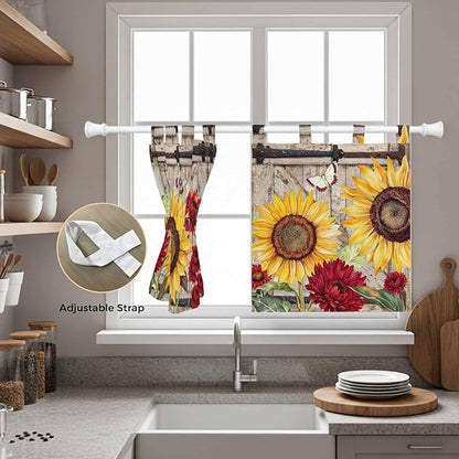 Sunflowers Kitchen Curtains 36 Inch Length, Small Window Curtains Tab Top, Retro Flower Barn Doors Butterfly Farmhouse Brown Light Filtering Short Window Treatments Tier Drapes 27.5"x36" 2 Panel