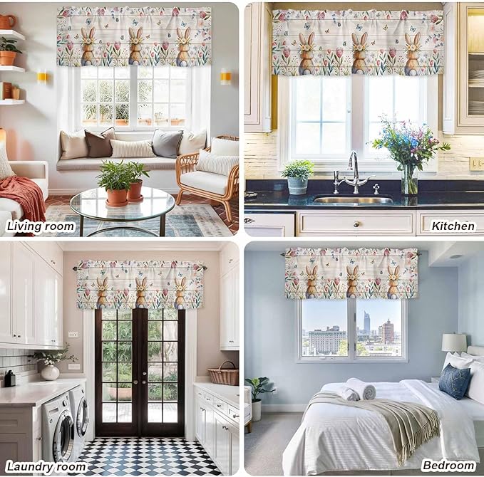 Easter Curtain Valances for Windows, Kitchen Valance Window Treatment, Spring Bunny Butterfly Botanical Wooden Grain Light Filtering Block Curtains for Bathroom/Bedroom/Living Room 54'' x 18''