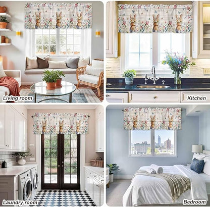 Easter Curtain Valances for Windows, Kitchen Valance Window Treatment, Spring Bunny Butterfly Botanical Wooden Grain Light Filtering Block Curtains for Bathroom/Bedroom/Living Room 42'' x 12''