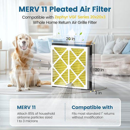 20x20x3 MERV 11 Air Filter Compatible with Zephyr VGF Series 20x20x3 Whole Home Deep Pleated Return Air Grille Filter, MERV 11 Air Filtration System, Yellow 2 Pack